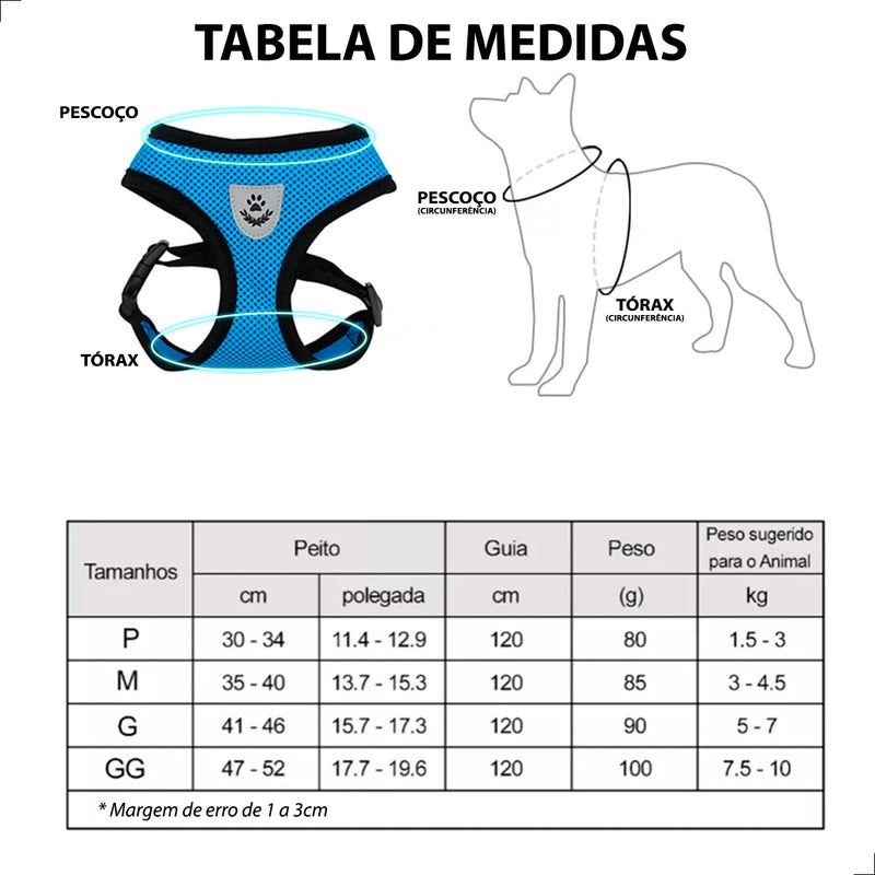 Coleira Peitoral + Guia com Colete Refletivo para Pet Cachorro e Gato Coelho Macia Respiravel